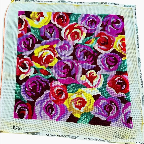 Judi & Co Needlepoint Petit Point Colorful Roses Handbag 14X14 Completed Canvas - Picture 1 of 3